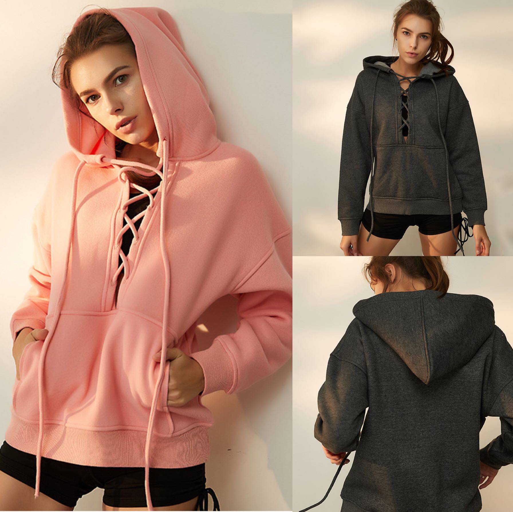 新款纯棉抓毛运动卫衣女跑步健身抽绳连帽卫衣卫衣