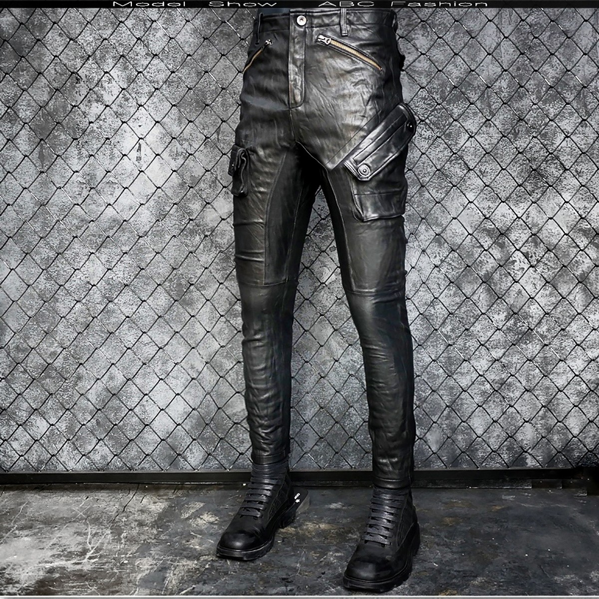 男士真皮皮裤男潮机车修身羊皮小脚褶皱长裤多袋复古个性韩版日系