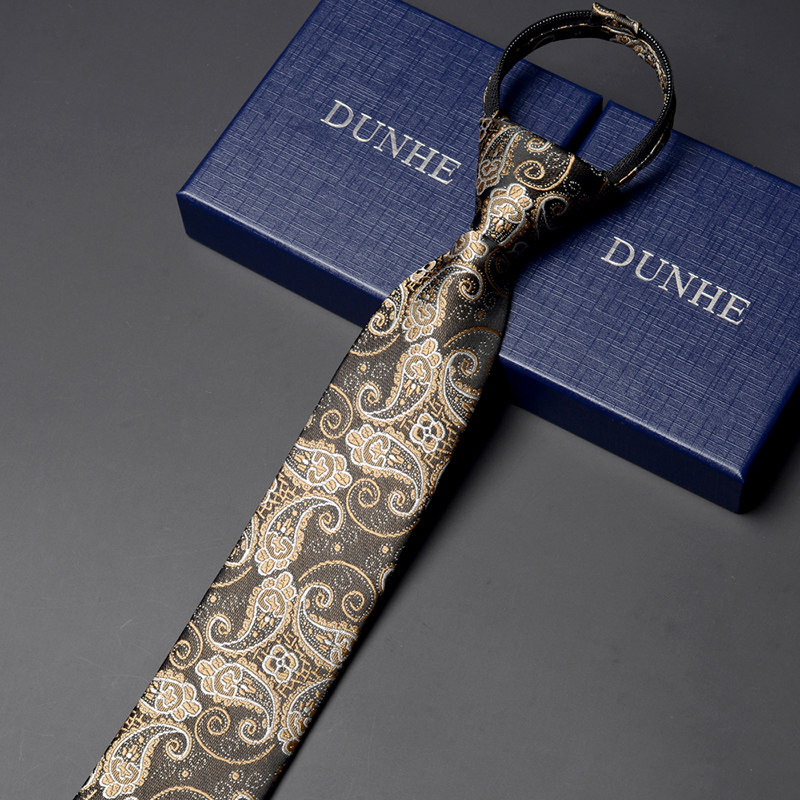 顿河 懒人6cm拉链领带男士商务韩版窄 碎花纹金色蓝黑新郎结婚 潮