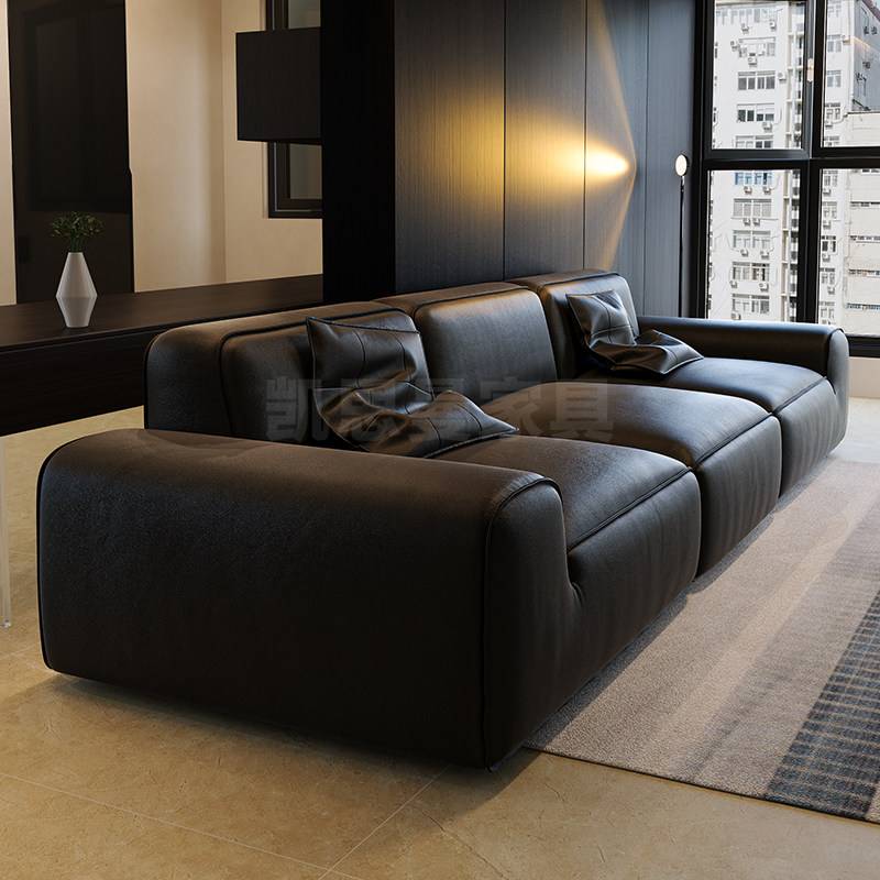 全真皮沙发头层牛皮客厅简约现代直排极简意式豆腐块夏图md大黑牛