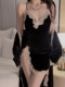 性感睡衣女2023新款秋季蕾丝吊带开叉黑色套装小胸高级感丝绒睡裙