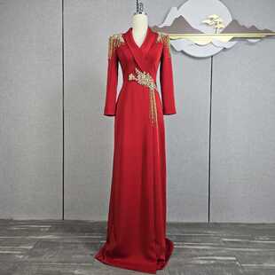 2024新款礼服裙红色旗袍鱼尾红毯秀中国风主持人长裙长袖气质长裙