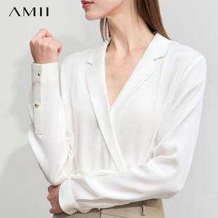 Amii2024新款春装极简正肩长袖真丝上衣女轻奢高级感衬衫职业小衫