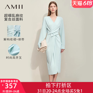 Amii2024新款春夏季优雅通勤V领绑带连衣裙女宽松长袖裙子高级感