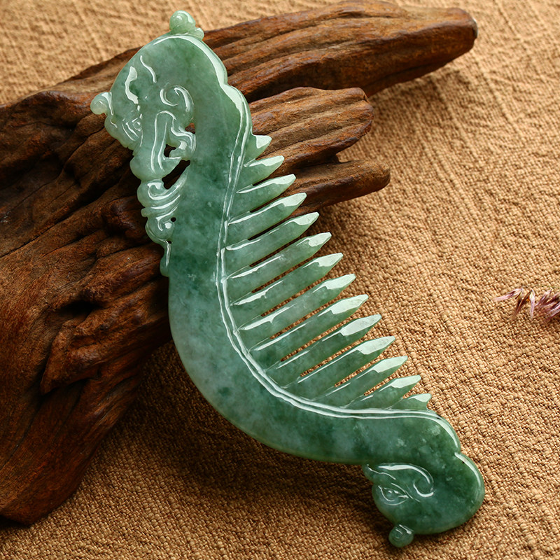 御藏翡翠 老坑冰糯种 古色古韵 优雅飘花 凤头翡翠梳子 51.75g