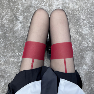 性感吊带丝袜纯欲红边黑丝女超薄透明红色长筒袜子夏季连裤袜
