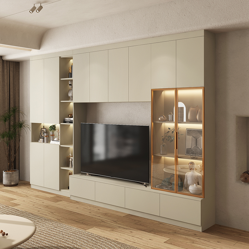 侘寂风电视柜现代简约一体组合背景墙客厅收纳储物柜实木轻奢定制