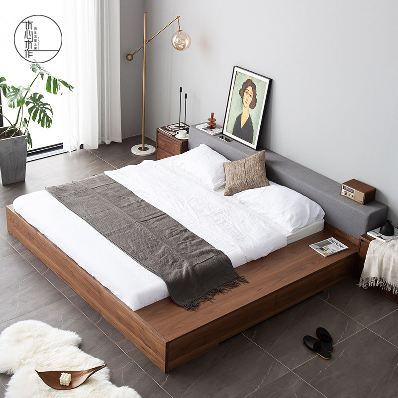 简约地台床榻榻米日式原木靠背实木床黑胡桃木矮床ins落地床优惠券