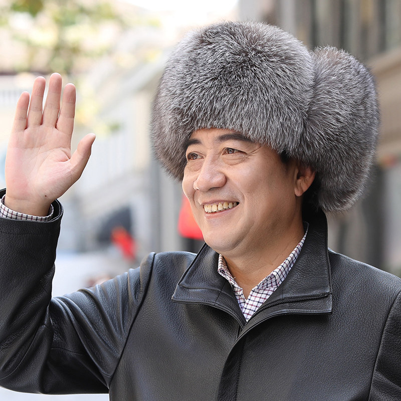 毛雷锋帽男冬季中老年皮草老人户外休闲保暖东北护耳棉帽男款—帽子