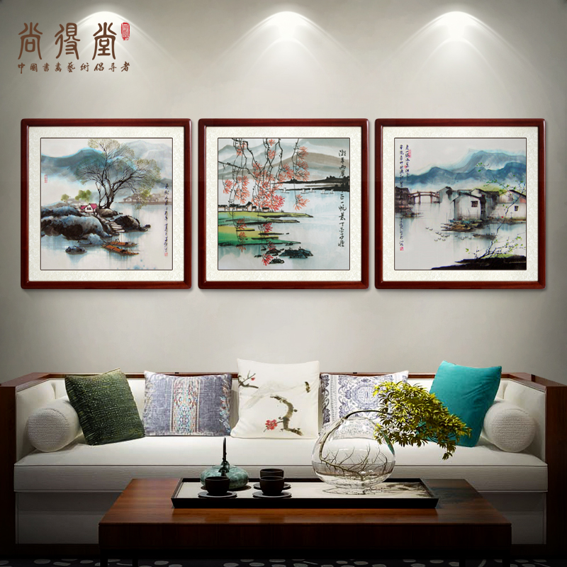 江南水乡三联画手绘国画客厅沙发背景墙山水画现代中式餐厅装饰画|ruв категории Домашний быт, декоративная живопись, китайская живопись - от Buy2taobao.com для оказания профессиональной услуги покупки агента Taobao