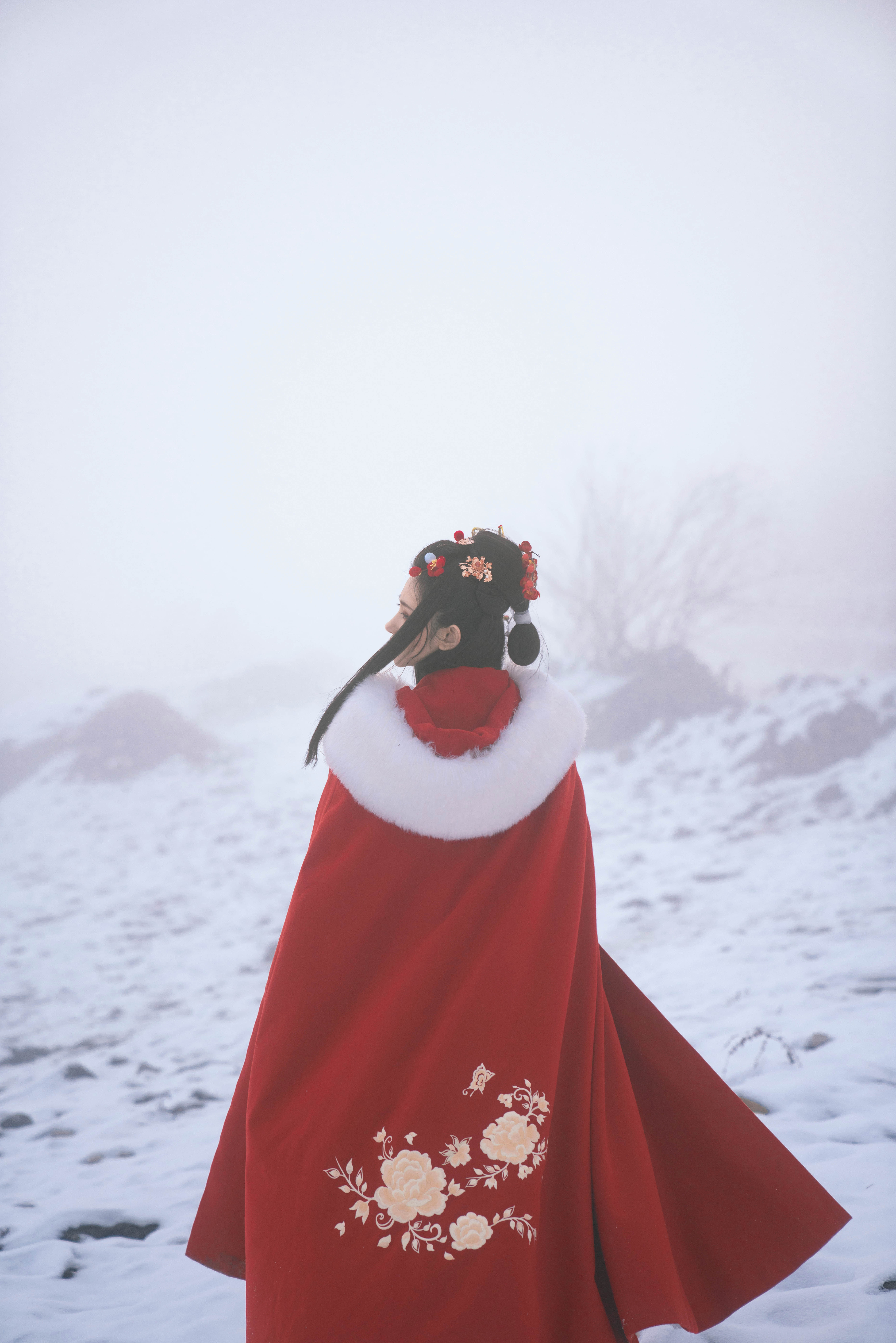 熙凤汉服女原创斗篷秋冬款加绒大毛领中国风红色厚保暖披风绣花