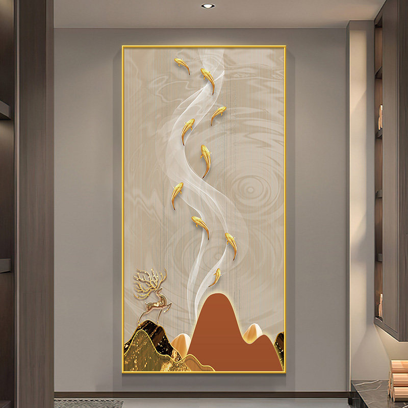 玄关装饰画九鱼图轻奢进门背景墙挂画走廊过道竖版高档壁画正对门