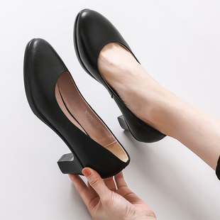 希欧多娜空姐工作鞋软底通真皮黑色上班工装鞋中跟圆头久站不累脚