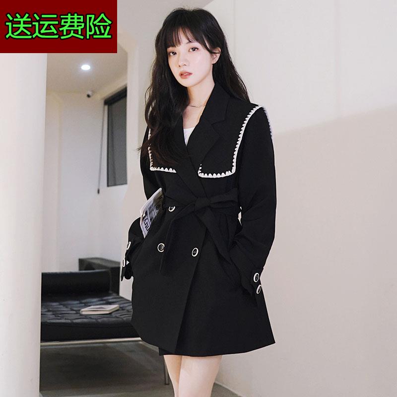 黑色风衣女感小个子春季2022新款今年流行海军领韩风短款外套