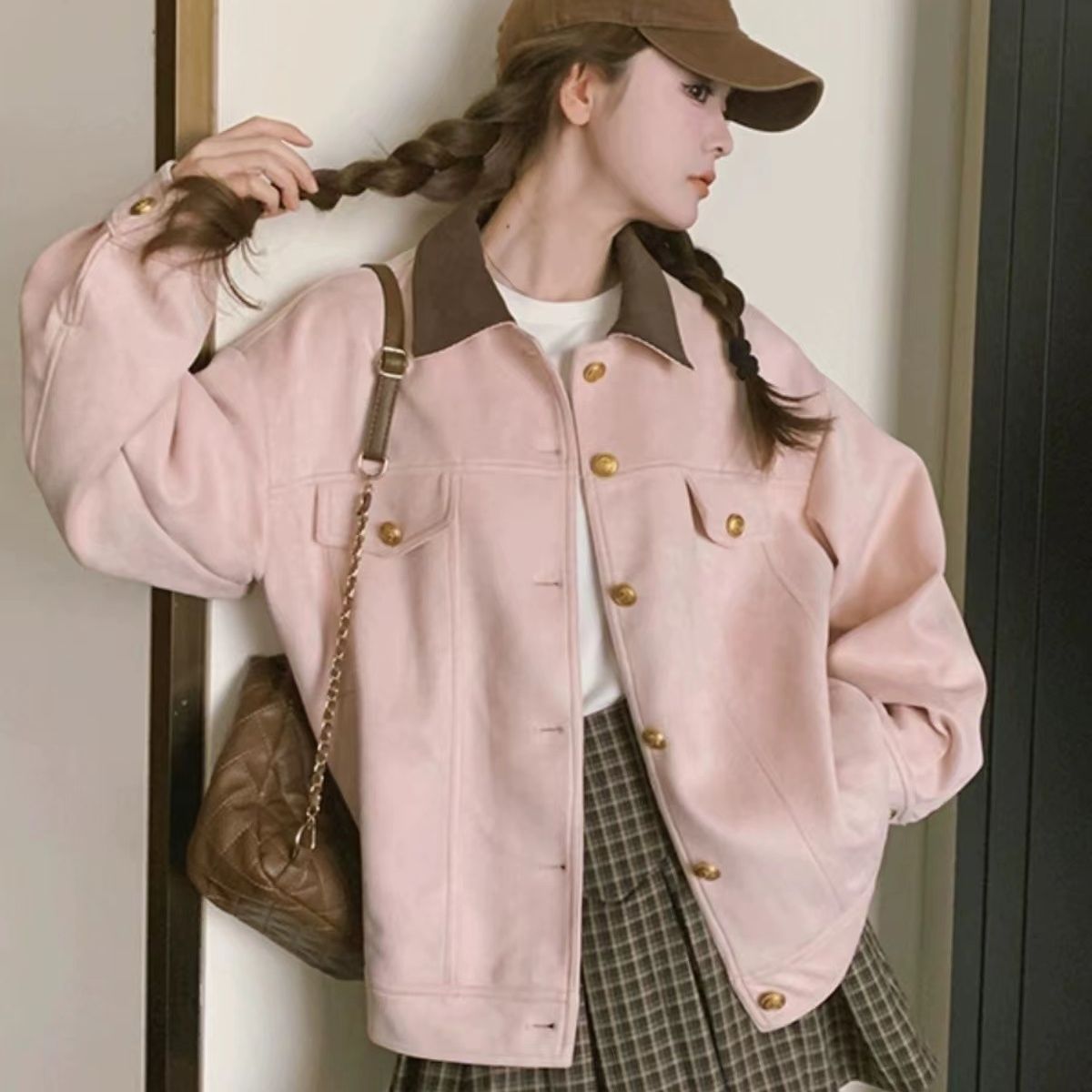 粉色麂皮绒短外套女春秋2024新款韩系学院风甜美减龄休闲夹克开衫