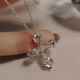 绝世美款mini小号水晶十字架钻石锁骨项链女925纯银镀18K白金手镶