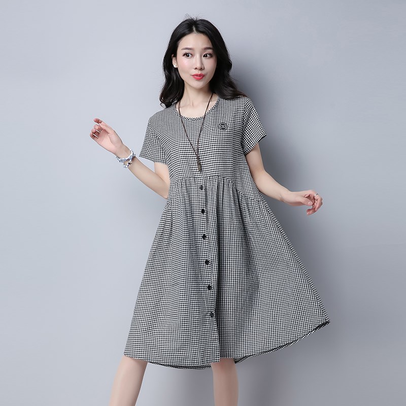 2017 Summer wear new pattern lattice T-shirts Short sleeved Large Cotton and hemp Mid length version Easy Korean Edition Dress Big swing skirtin the Women's clothing/Boutique , Dress category - from Buy2taobao.com to provide professional Taobao agent buy service
