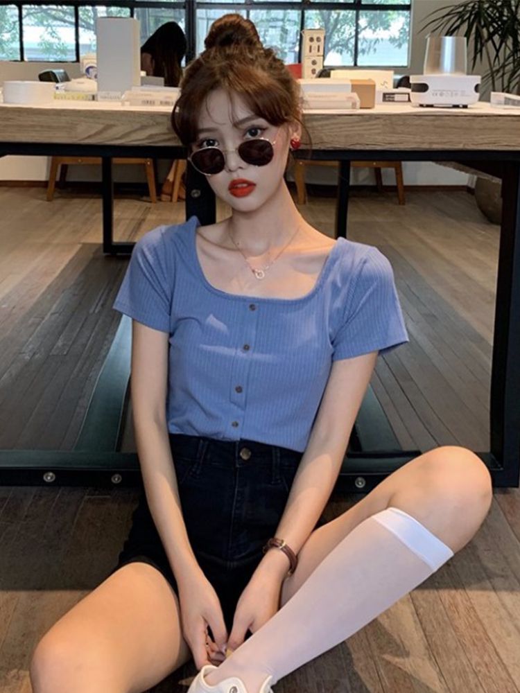 夏季2019新款韩版修身显瘦短袖小心机t恤女小众方领纯色短款上衣|msdalam kategori Butik wanita / wanita, baju-T - dari Buy2taobao.com untuk memberikan perkhidmatan ejen Taobao profesional membeli