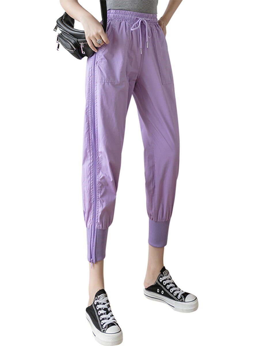 超火工装裤女八分薄款束脚小个子夏季裤显瘦收腿裤侧边拉链运动裤