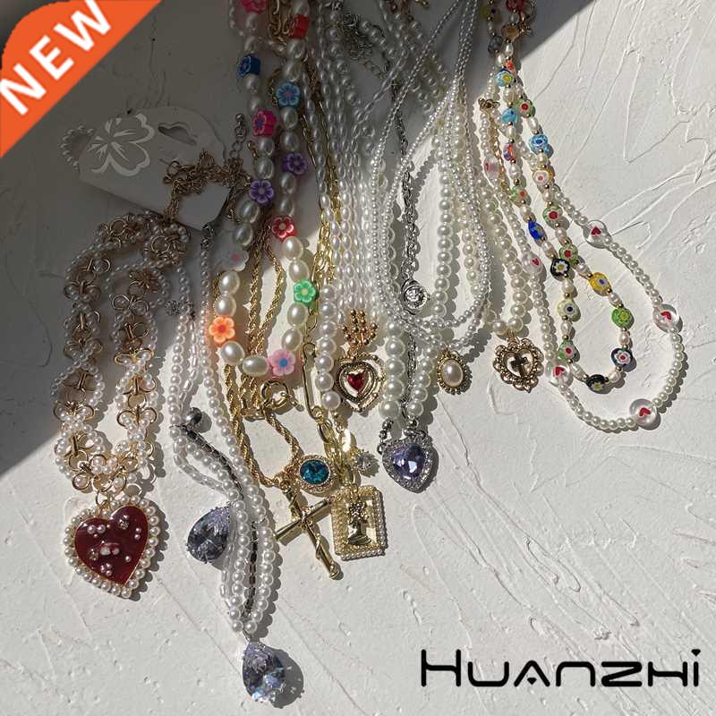 HUANZHI Vintage Sweet Choker Weave Pearls Choker Red Heart C