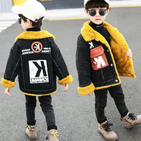 男童加绒牛仔外套2019新款儿童秋冬装小男孩帅气加厚中大童上衣潮