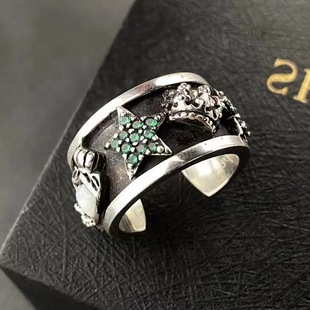 小众复古925纯银绿锆星星盾牌皇冠宽戒指女冷淡风时尚高级感指环