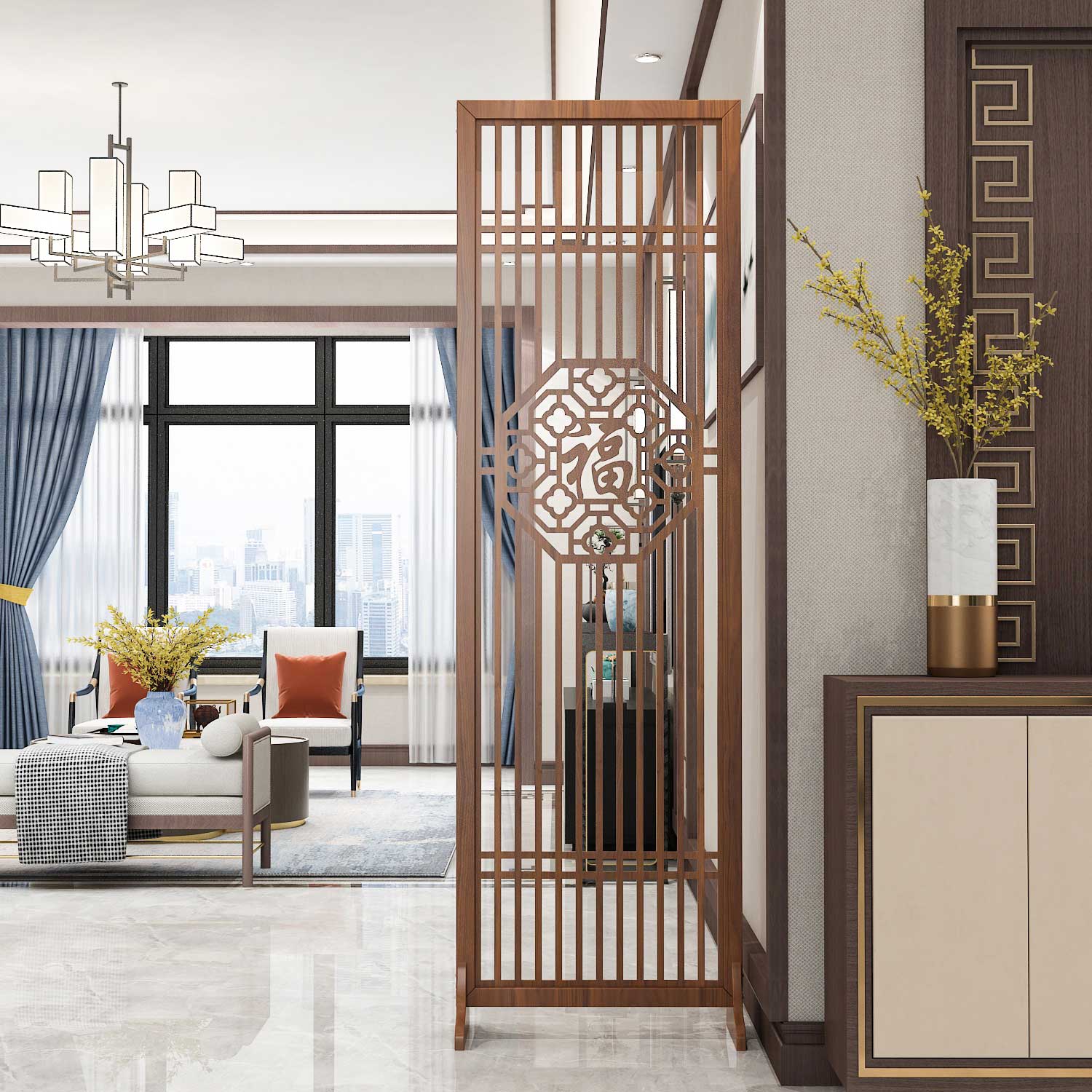 新中式折叠可移动屏风玄关装饰架简约木质隔断客厅家用遮挡折屏架