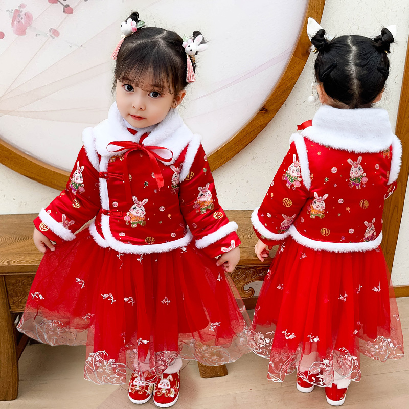 拜年服女童汉服冬季宝宝旗袍裙中国风唐装过年儿童喜庆新年服冬装