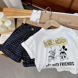 韩系宝宝夏季套装分体2023夏季新款男童纯棉T恤格子中裤1岁女婴儿