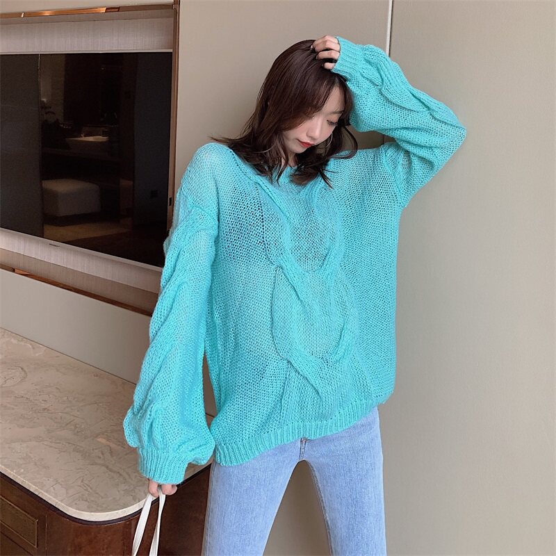 实拍 新款泡泡袖宽松显瘦麻花毛衣针织衫