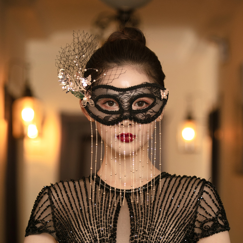 时尚性感气质优雅网纱蝴蝶万圣节化妆舞会晚宴配饰品黑色流苏面具