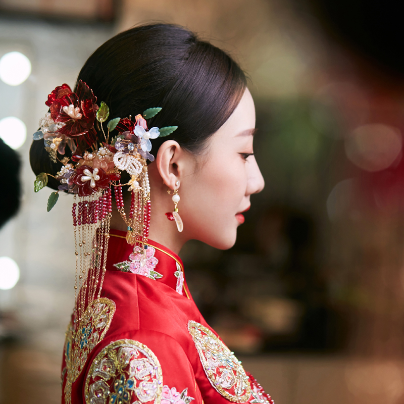 新娘头饰红色中式婚礼秀禾服红色发箍皇冠敬酒服发饰婚纱结婚饰品
