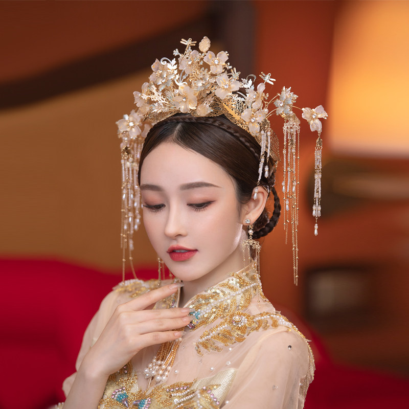 秀禾服金色古装发饰品大气流苏古风套装中式新娘头饰琉璃花朵凤冠