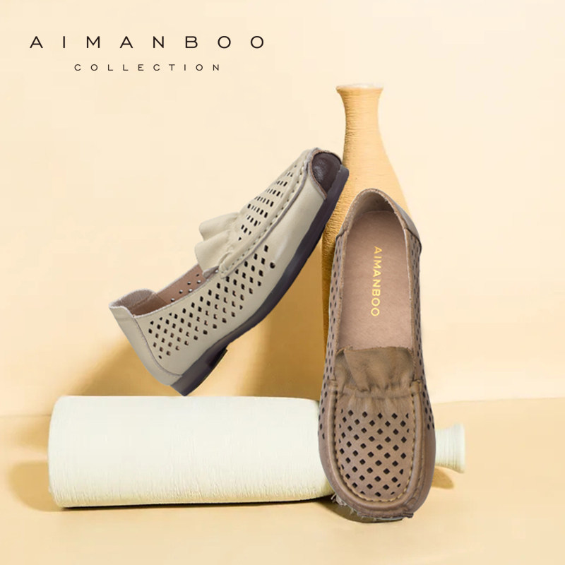 漫步佳人2022春季新品真皮洞洞透气方头豆豆鞋牛筋底包头孕妇凉鞋