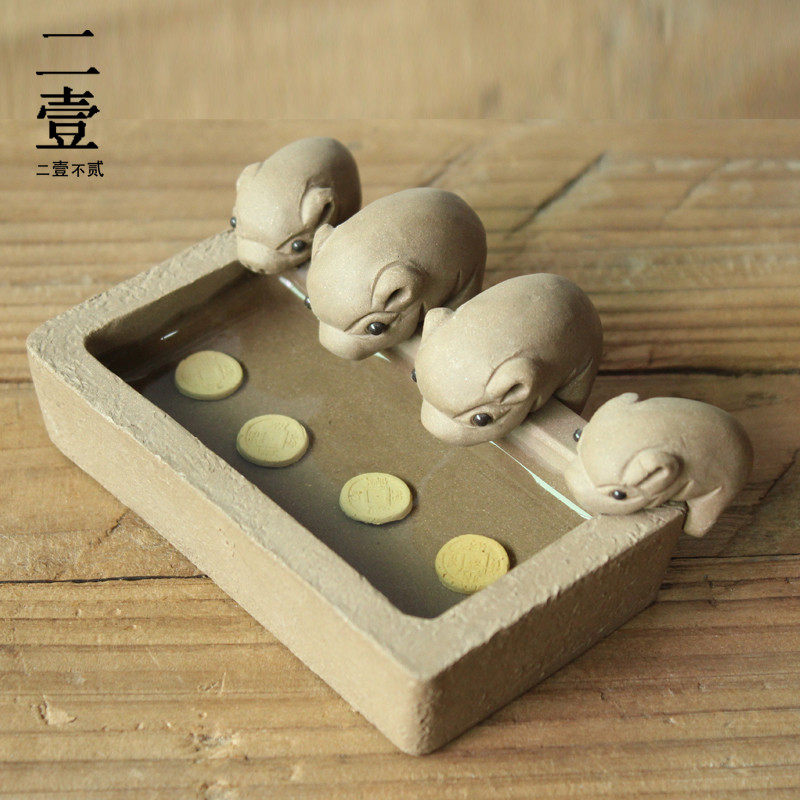 小猪喝水水槽创意手工宜兴段泥四猪茶宠玩摆件茶宠摆件