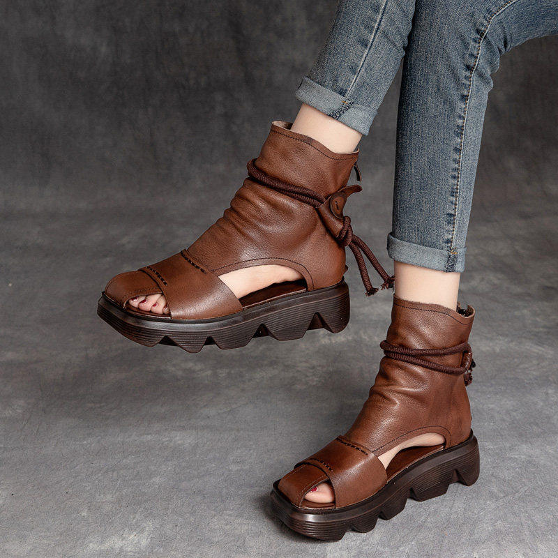 2021夏新款英伦复古牛皮松糕厚底罗马女凉鞋坡跟包头真皮休闲凉靴