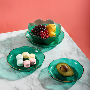 轻奢花边竖纹玻璃水果盘客厅家用简约现代甜品碗点心糖果零食盘子
