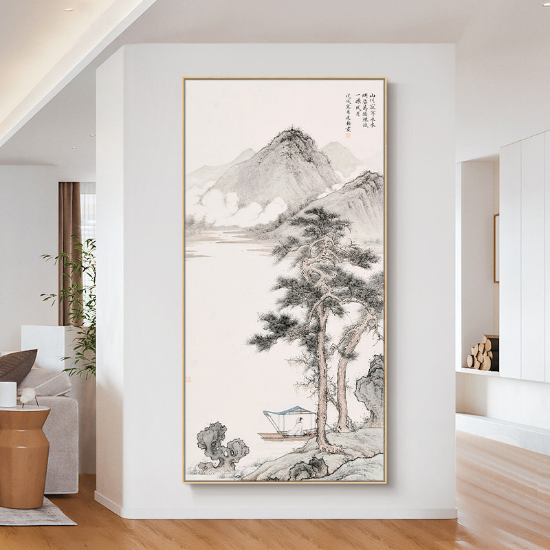 玄关竖版山水画招财风水新中式进门走廊过道单幅壁画水墨挂画国画