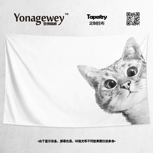 手绘可爱黑白歪脖小猫咪猫头英国短毛猫装饰海报挂毯挂布背景布画