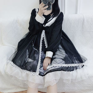 日系学院风可爱软妹海军领洛丽塔lo裙长袖花边网纱lolita连衣裙女