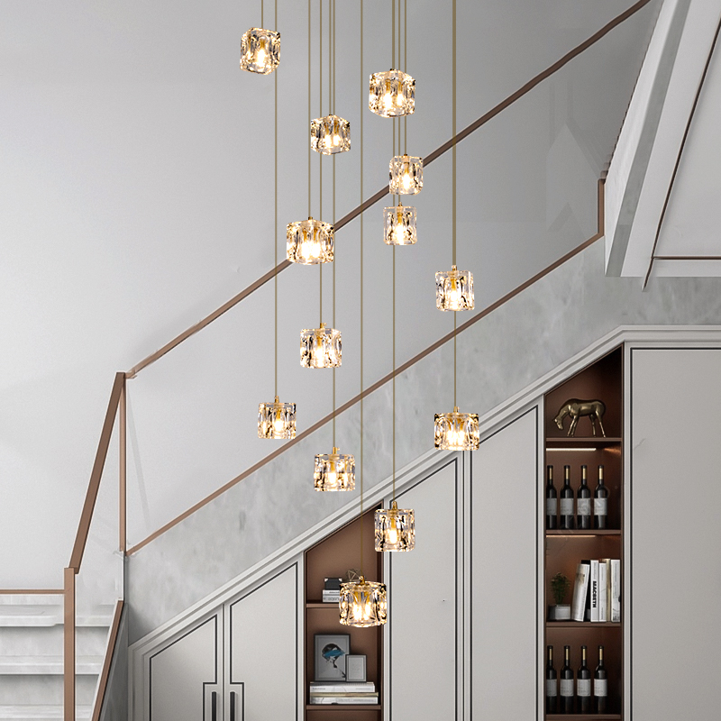 北欧楼梯间长吊灯简约现代轻奢复式全铜餐厅别墅民宿跃层水晶灯饰