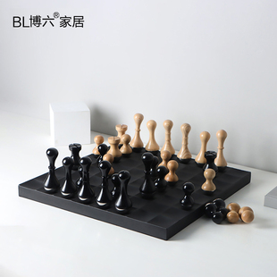 高档轻奢样板间书房国际象棋摆件实木质烤漆大理石棋盘艺术装饰品