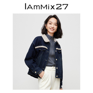 IAmMIX27加厚牛仔夹棉外套女冬季落肩宽松仿羊羔毛拼接翻领棉服女