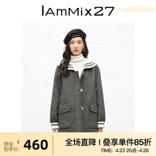 IAmMIX27秋冬海军领毛呢外套女宽松小个子减龄绵羊毛双面呢大衣女