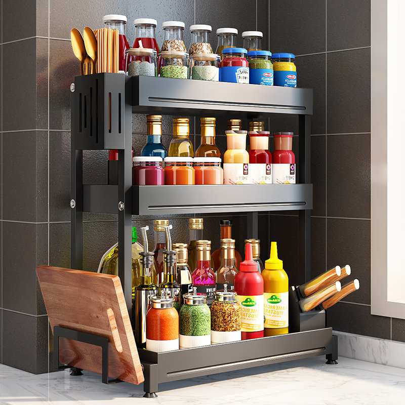 厨房调料置物架台面带门多功能家用放碗碟调料味品收纳盒储物柜