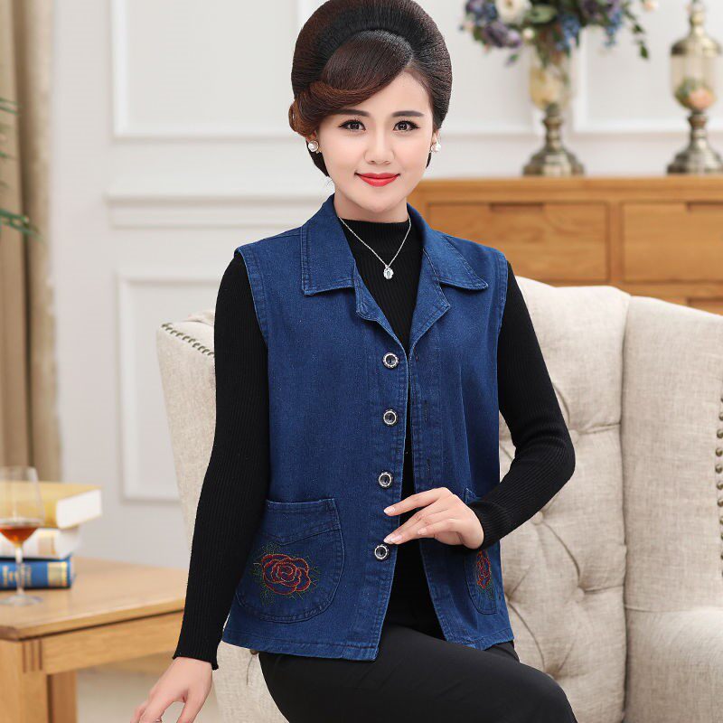 中老年背心马夹女春秋单马夹薄款全棉妈妈装牛仔单秋装马甲短款女