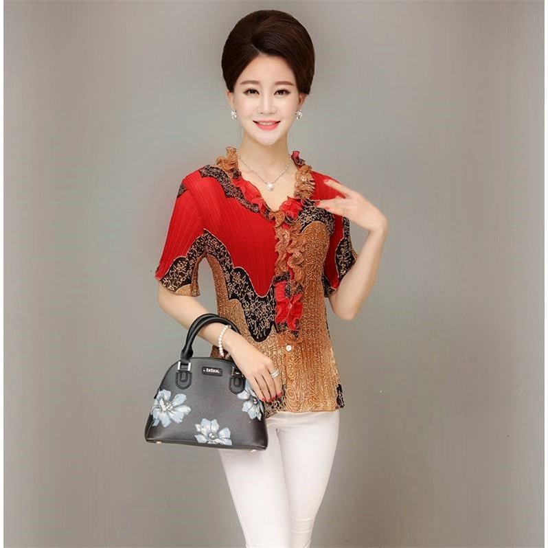 中老年夏装中袖褶皱中年人妈妈装大码短袖恤老人上衣在类目 女装/女士精品, 蕾丝衫/雪纺衫中 - 来自Buy2taobao.com提供专业的淘宝代购服务