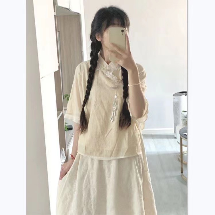 新中式国风上衣半身裙两件套装夏季改良汉服汉元素温柔系连衣裙子
