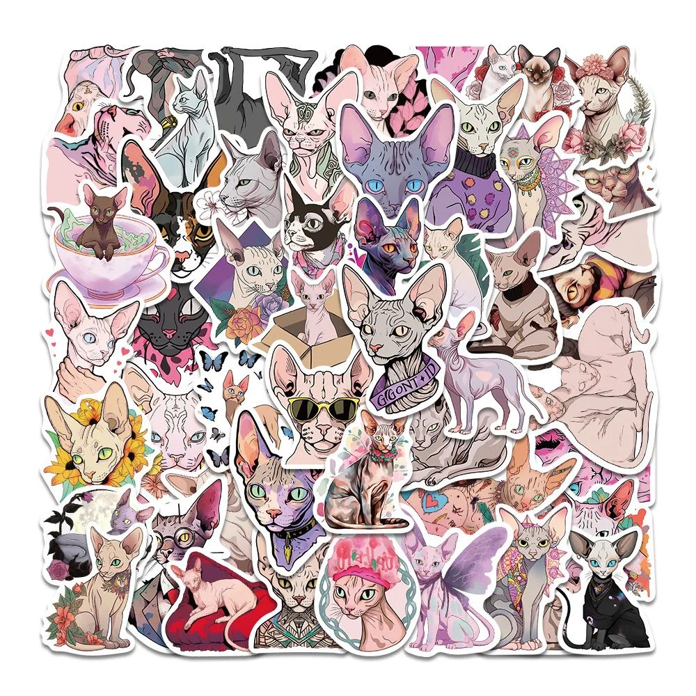 50pcs Sphynx Cats Hairless Cat Stickers Pack Stationery Guit