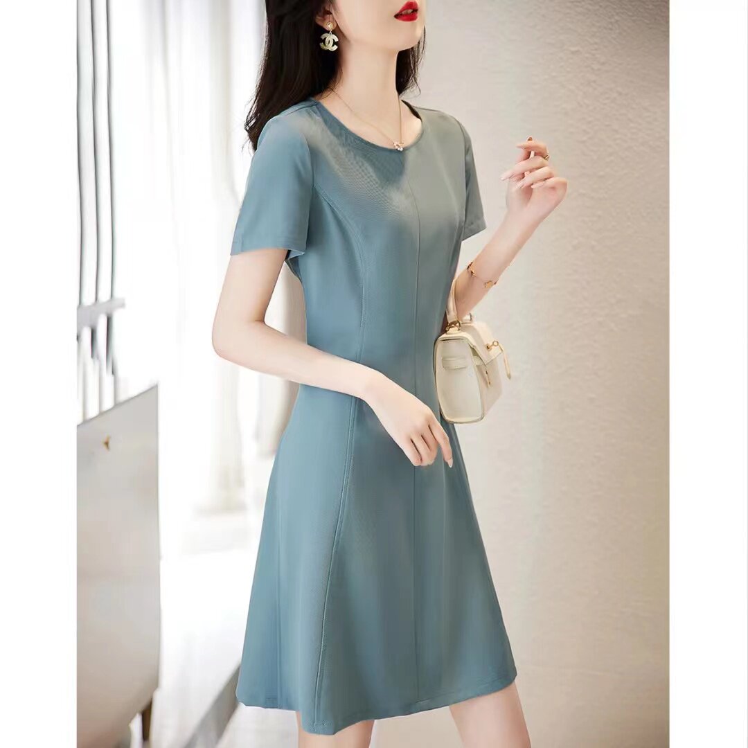 BY402#分割线设计夏季新品圆领短袖收腰连衣裙女夏